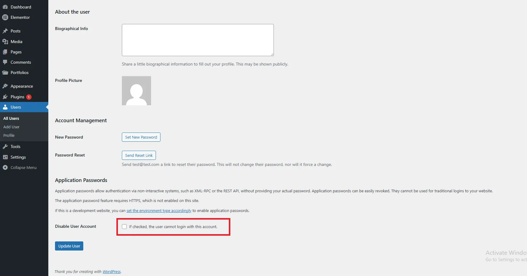 Disable a user by using a plugin through edit user profile