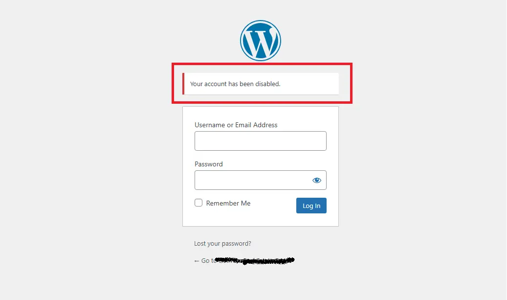 WordPress login screen showing disabled user notice
