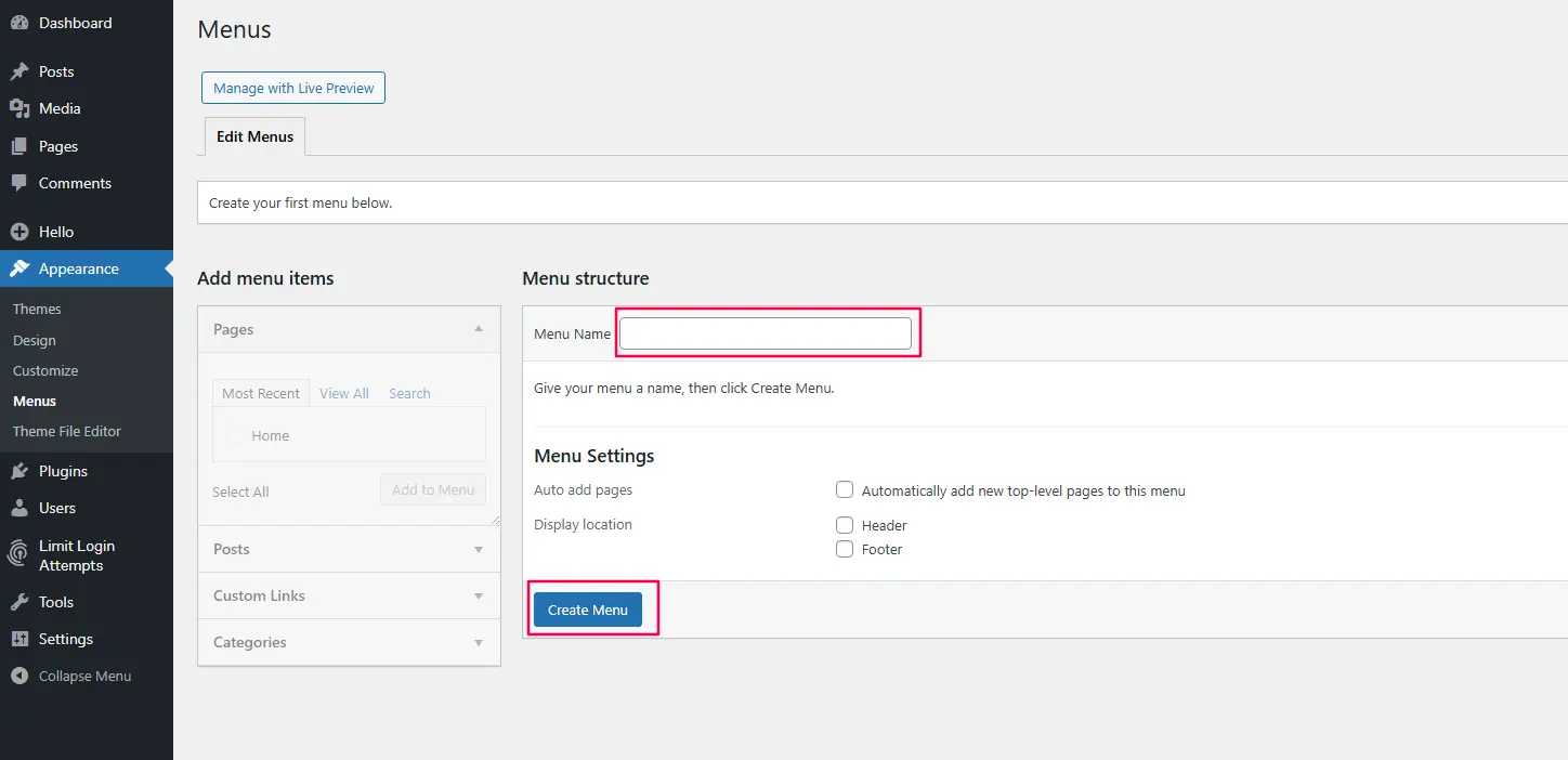 WordPress dashboard showing how to create a navigation menu in a classic theme under Appearance → Menus on wpthrill.com
