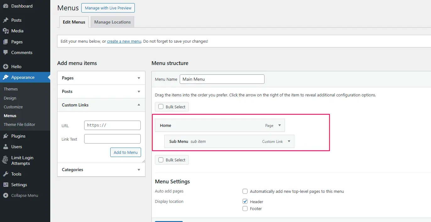 "Creating a sub-menu in WordPress by dragging a menu item slightly to the right under its parent item, demonstrating a dropdown menu in the classic menu editor on wpthrill.com