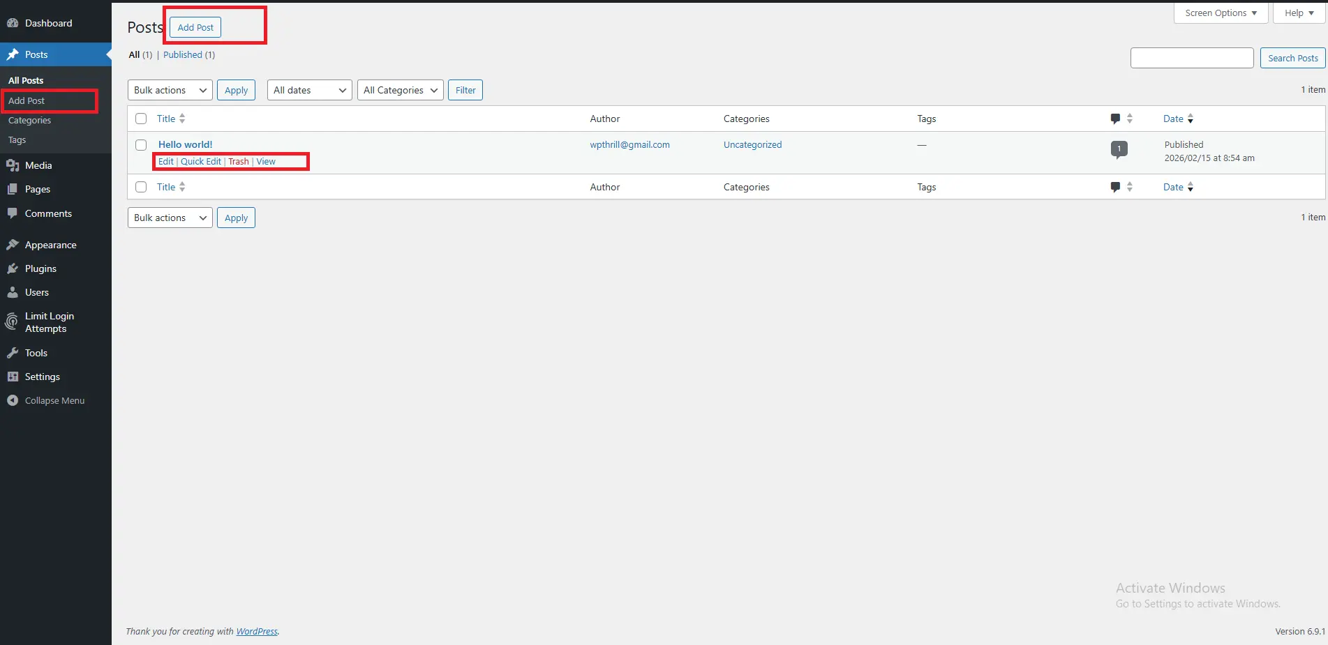 Posts table showing edit, quick edit, trash links appearing when hovering a post title
