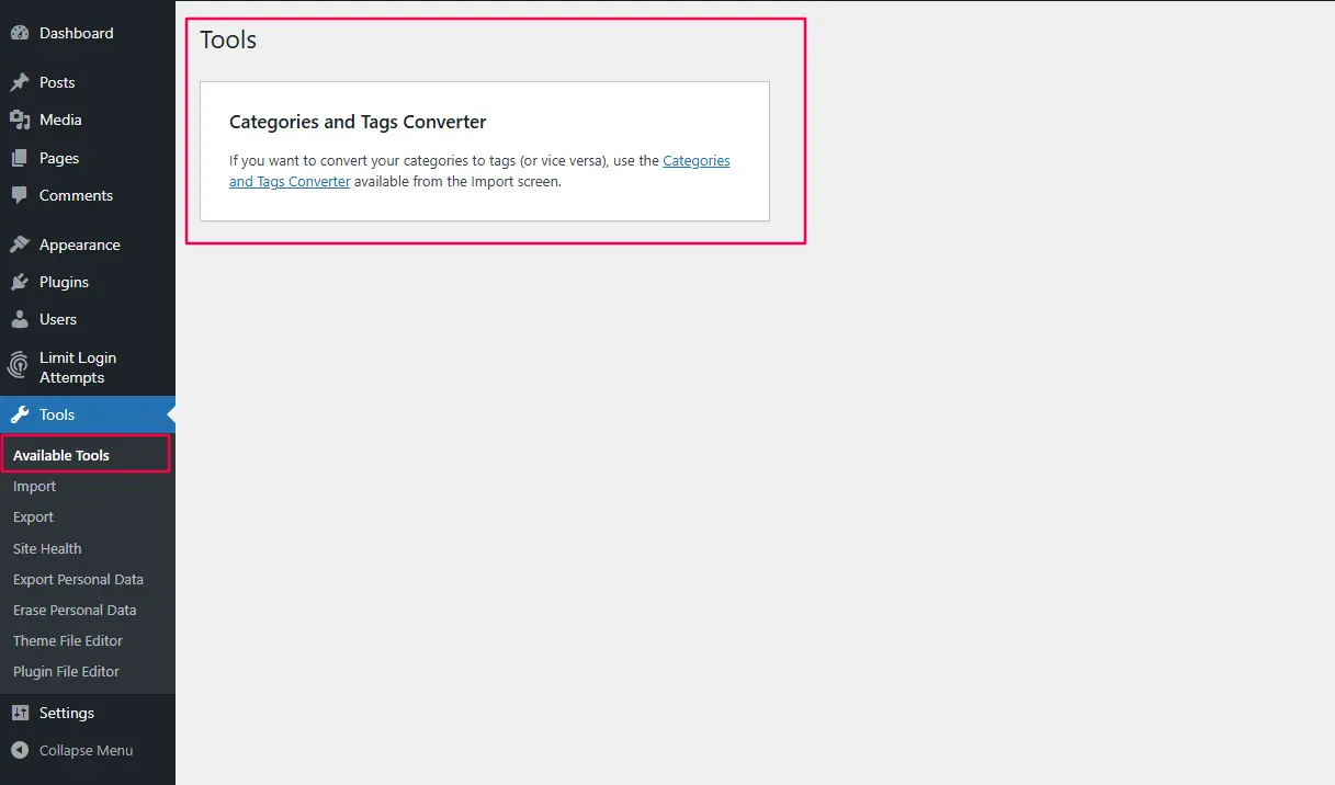 The WordPress Available Tools screen showing the Categories and Tags Converter interface with a blue Convert button.