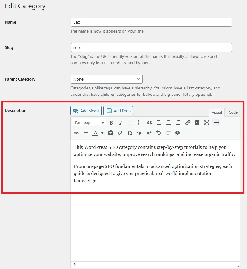 WordPress admin panel showing category description field with example text