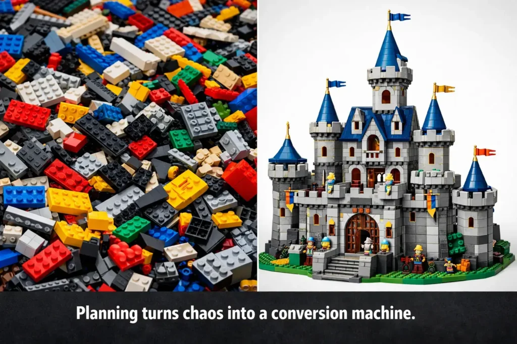 A split image showing a chaotic pile of Lego bricks vs. a structured Lego castle. Caption: Planning turns chaos into a conversion machine