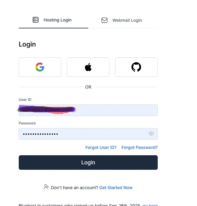 cPanel login screen