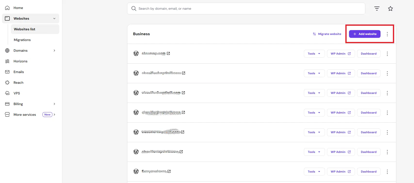 Hosting control panel dashboard with navigation menu