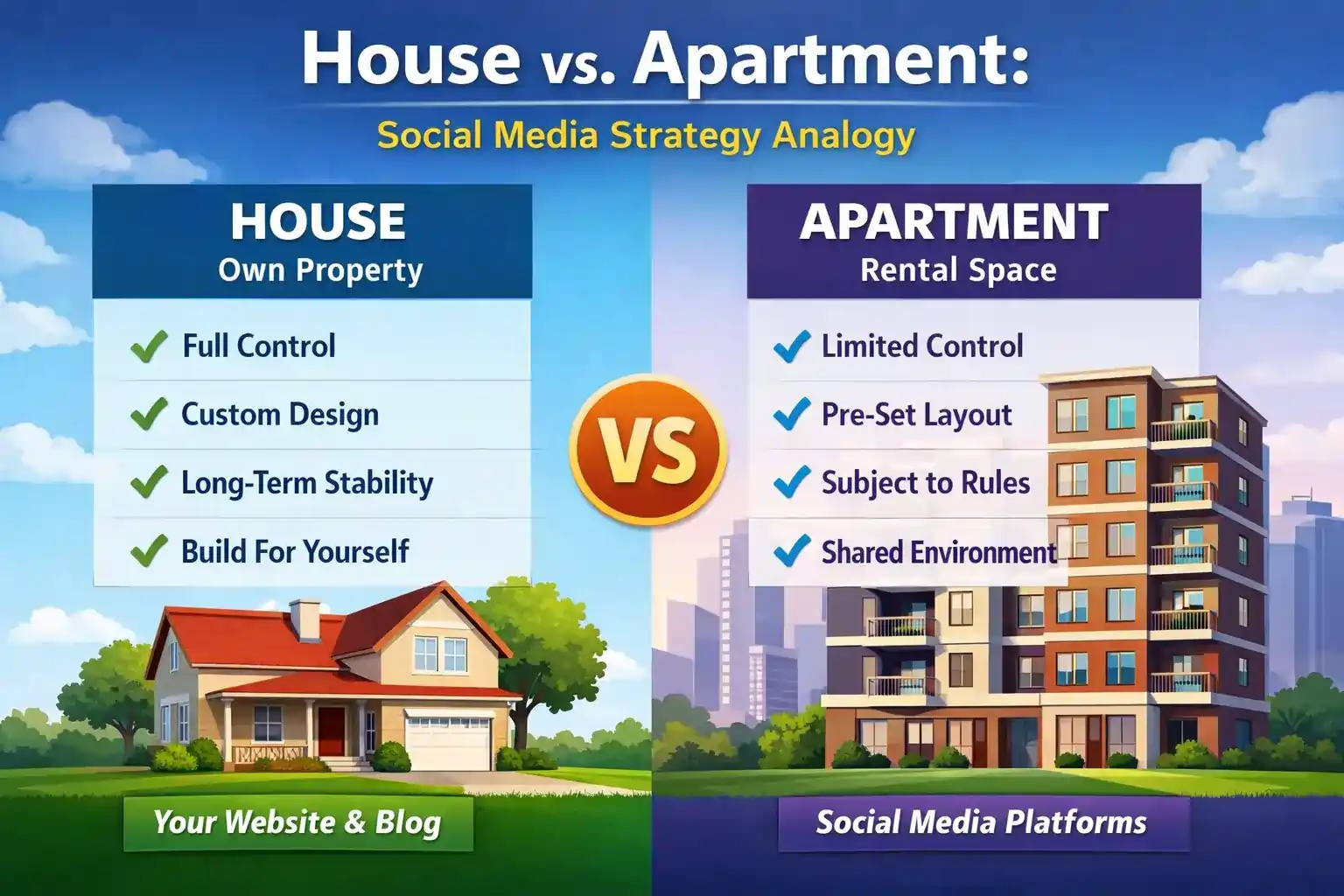 House vs apartment analogy illustration for WordPress comparison