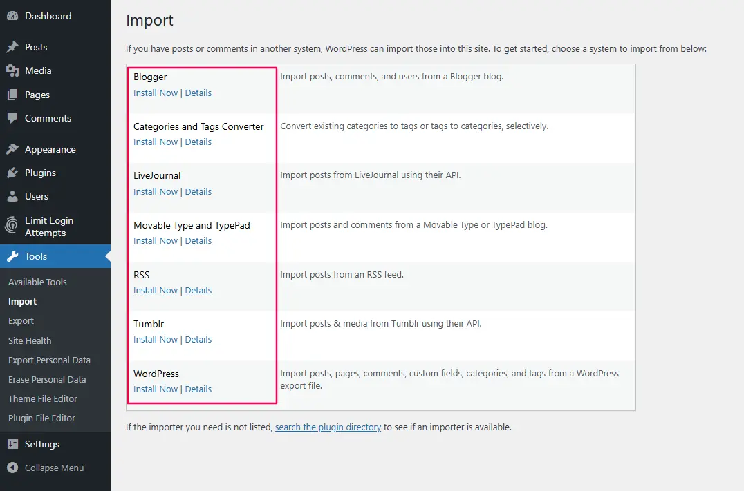 A list of importers on the WordPress Import screen, including Blogger, Tumblr, and WordPress, with "Install Now" links.