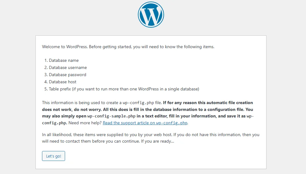 WordPress installation welcome screen