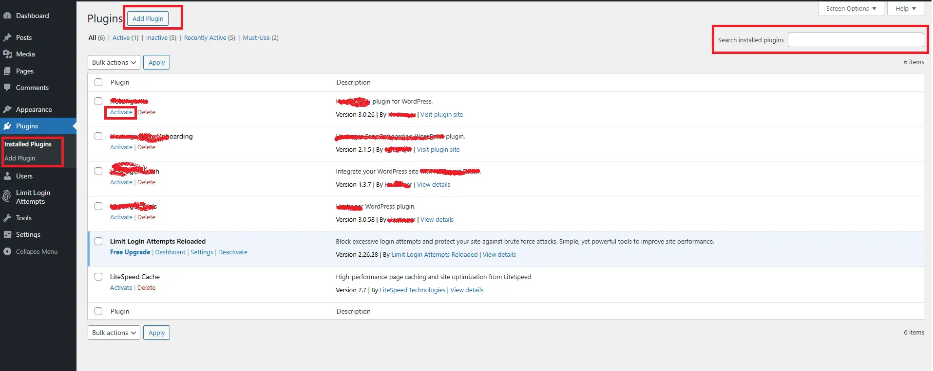 Installed plugins with activate/deactivate