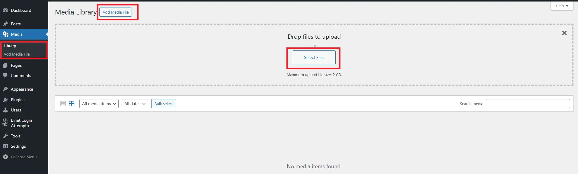 Media library image/video upload interface