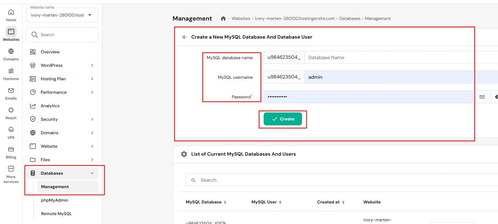 MySQL database creation screen
