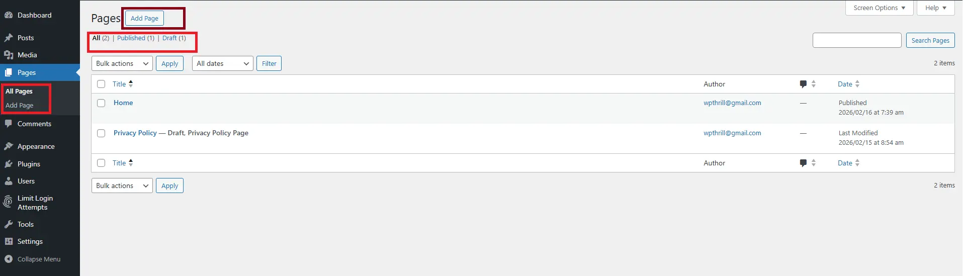 WordPress page menu with listed pages