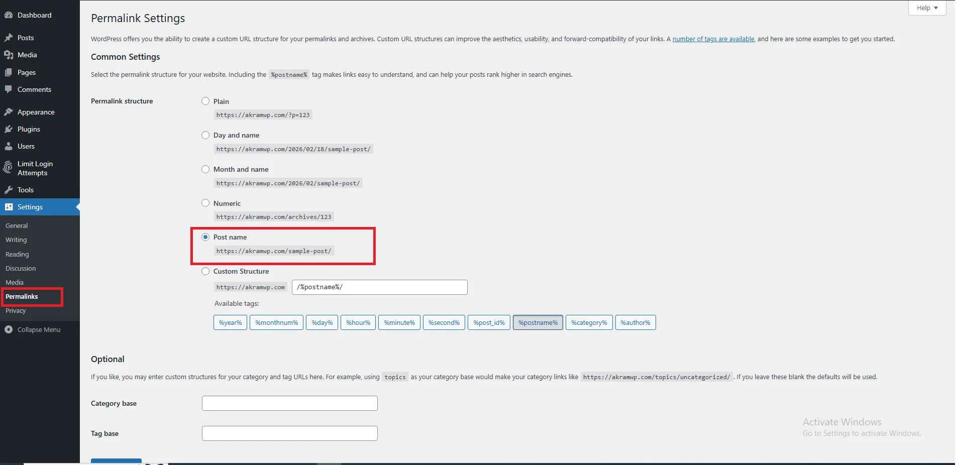 Permalinks settings post name option