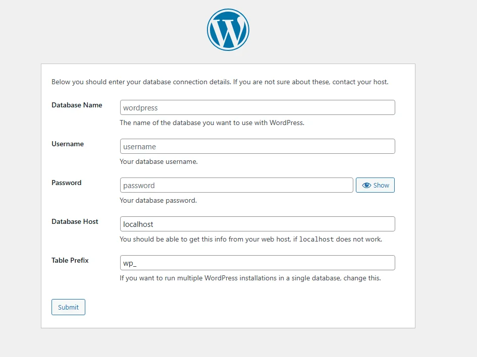 WordPress setup information form