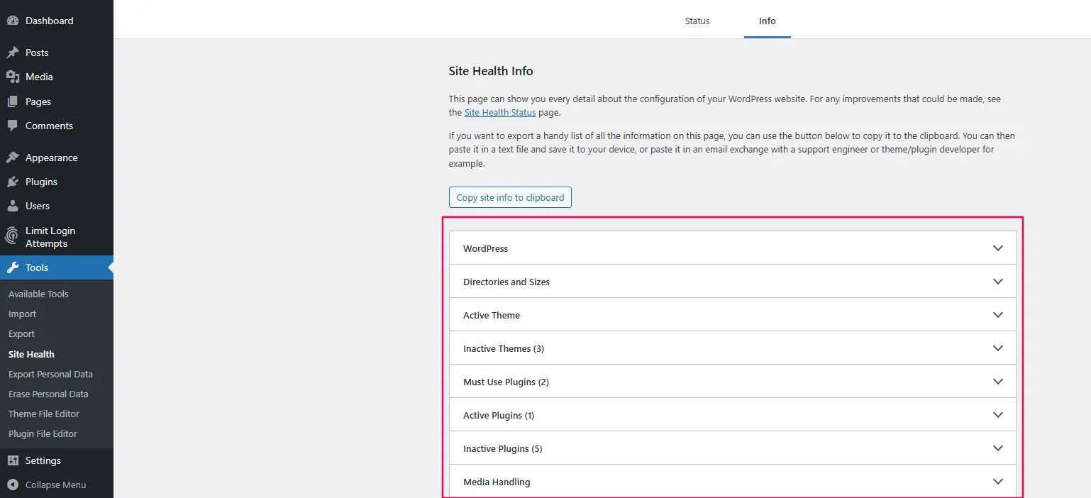 The Site Health Info tab with various system details and the "Copy site info to clipboard" button highlighted.