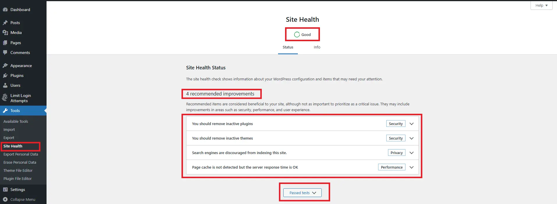 WordPress Site Health diagnostic tool