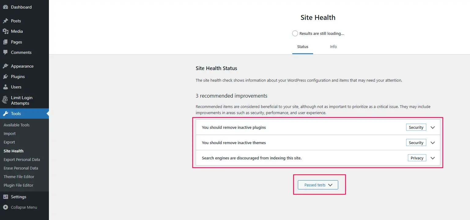The Site Health Status tab showing a progress ring, critical issues (if any), and passed tests.