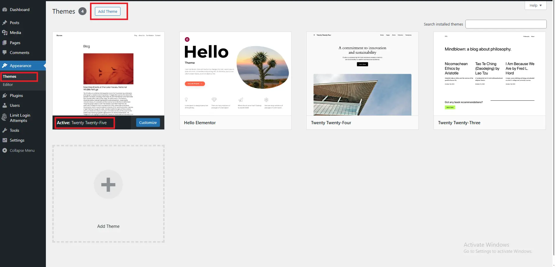 WordPress themes installation screen