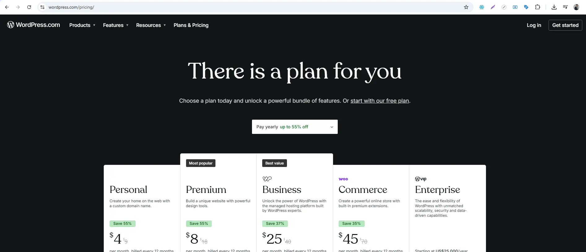 WordPress.com website screenshot showing pricing plans