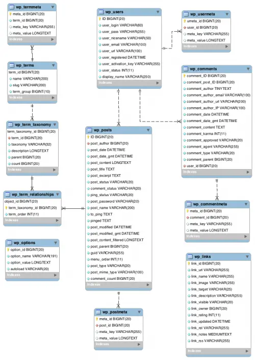 WordPress database tables diagram showing wp_posts wp_users
