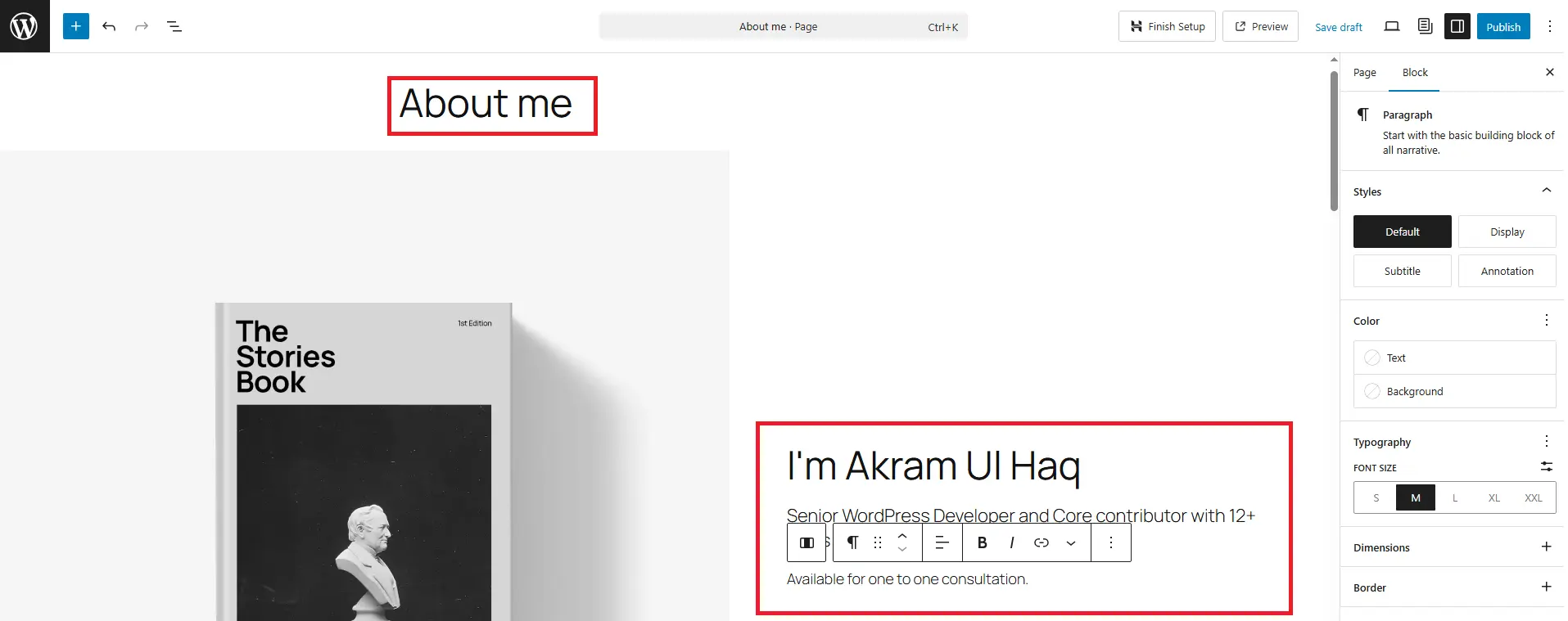 Editing a static About Us page in the WordPress Gutenberg editor