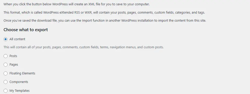 WordPress export tool screenshot