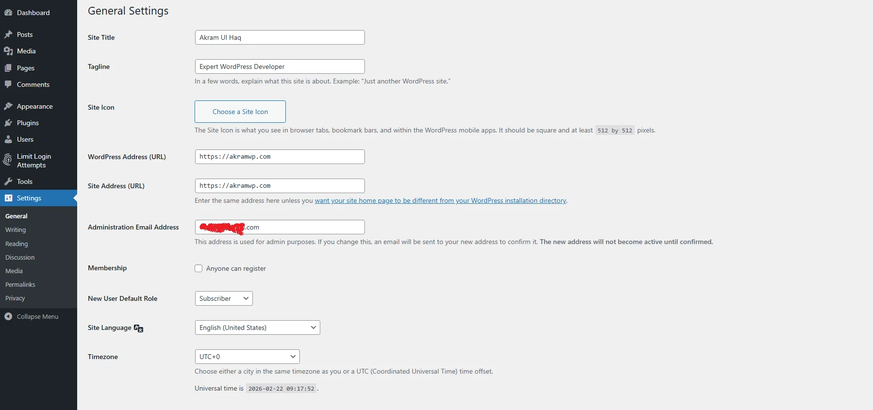 WordPress General Settings panel showing Site Title and Tagline