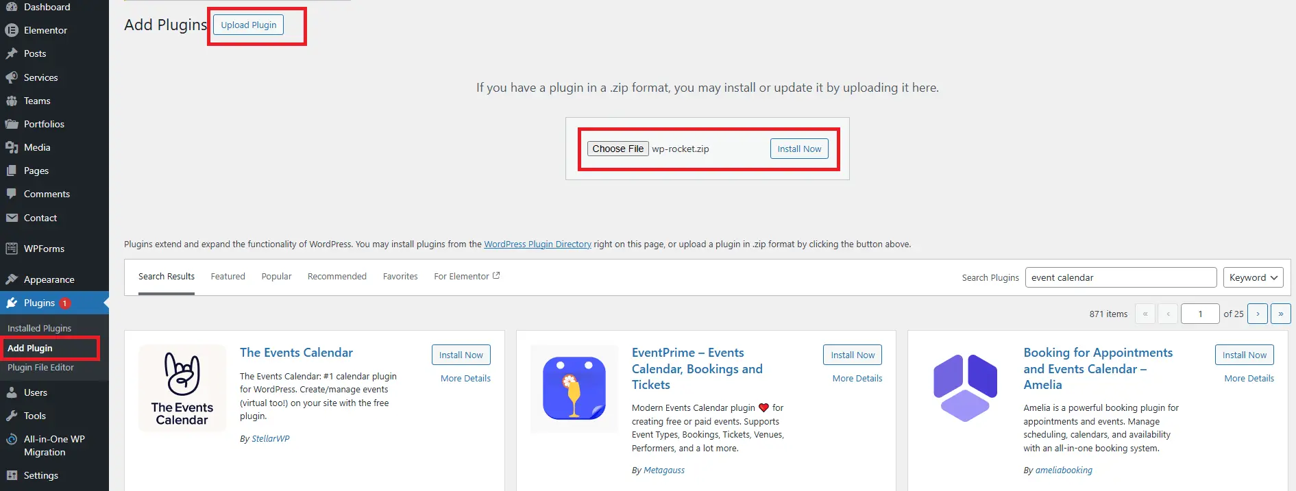 Close crop of WordPress upload area showing "Choose File" button with filename visible and "Install Now" button ready.