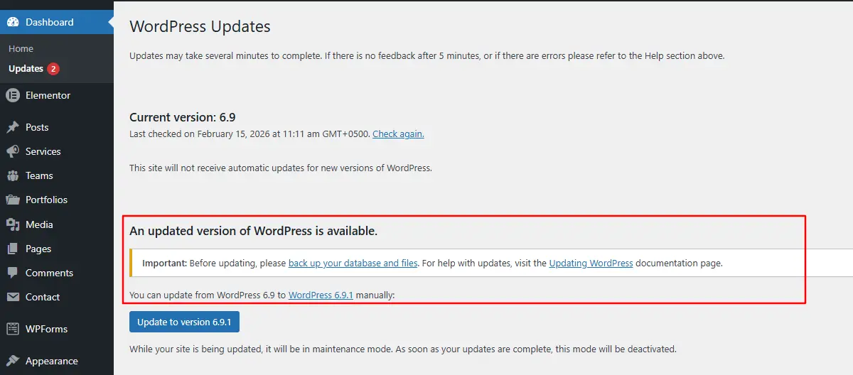 WordPress.org update notification