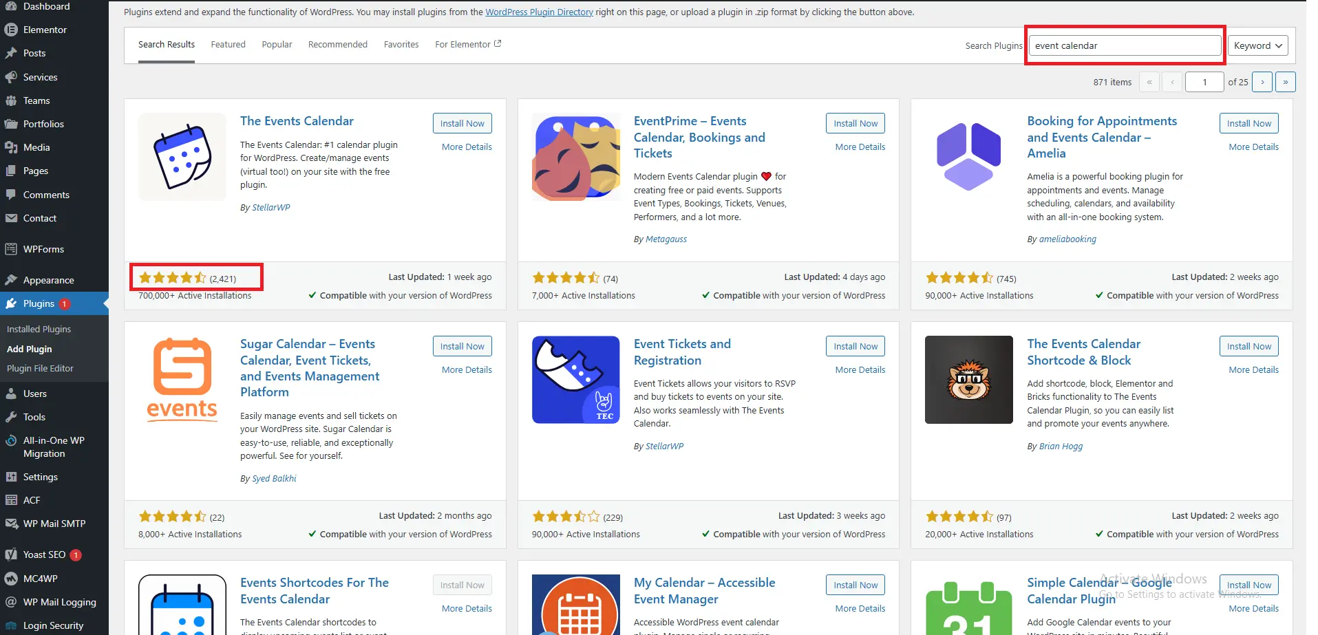 Full admin screen capture showing "Add Plugins" page with "event calendar" search term.