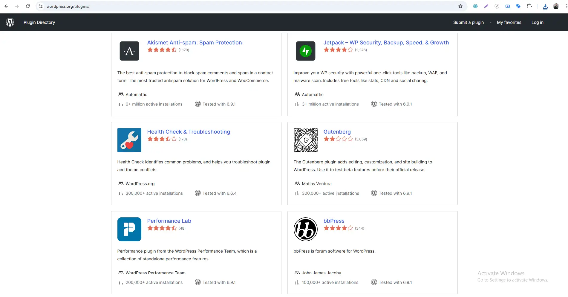 WordPress plugins directory screenshot showing available plugins