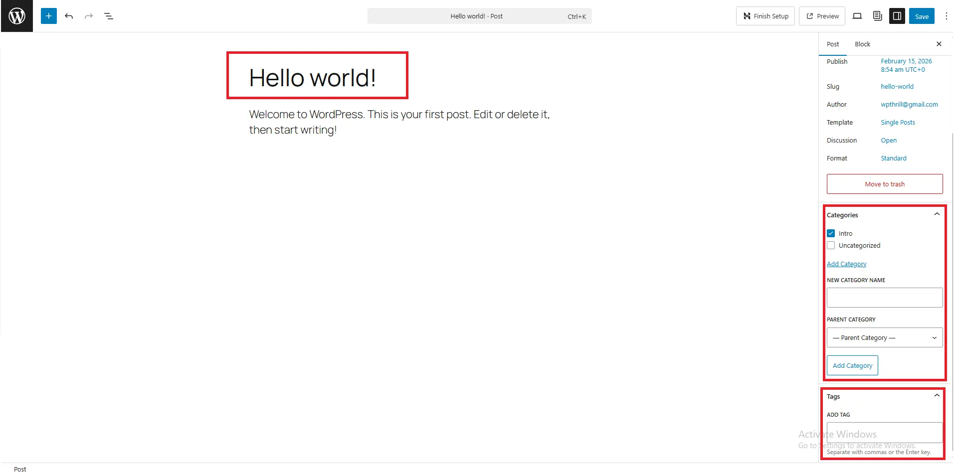 WordPress post editor showing Categories and Tags panels for SEO