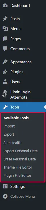 WordPress admin dashboard sidebar highlighting the Tools menu and its sub-items Available Tools, Import, Export, and Site Health.