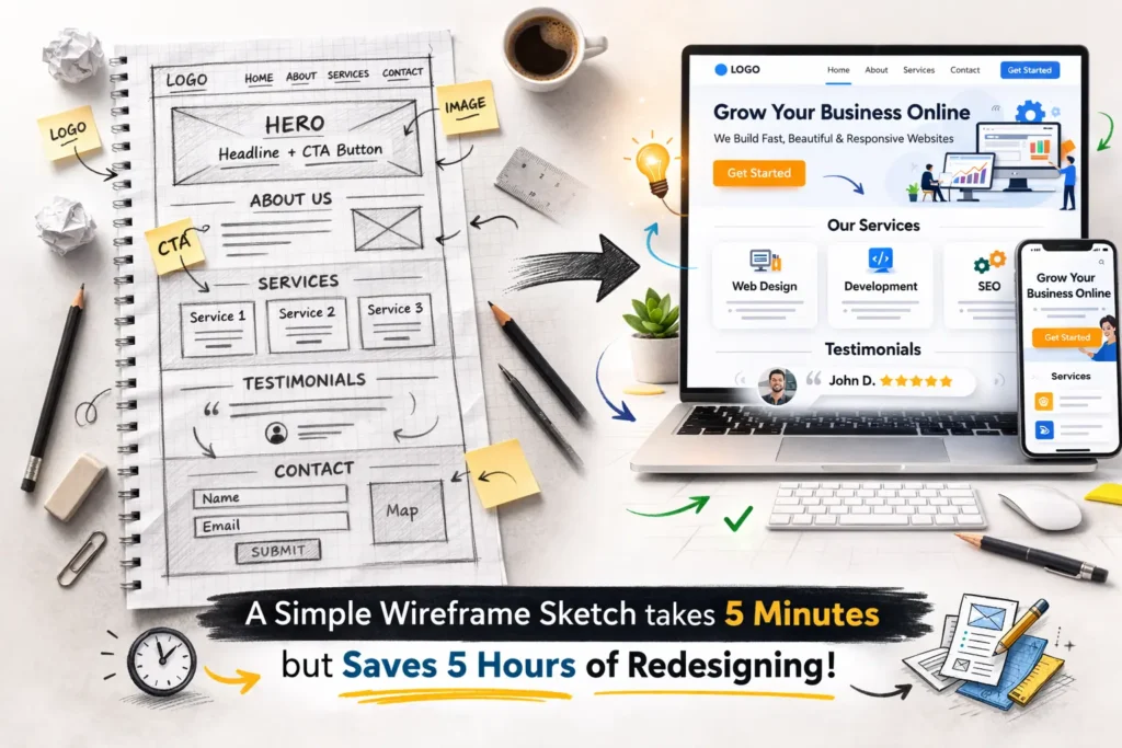 A low-fidelity pencil sketch on graph paper showing a simple website layout. Caption: A simple wireframe sketch takes 5 minutes but saves 5 hours of redesigning.