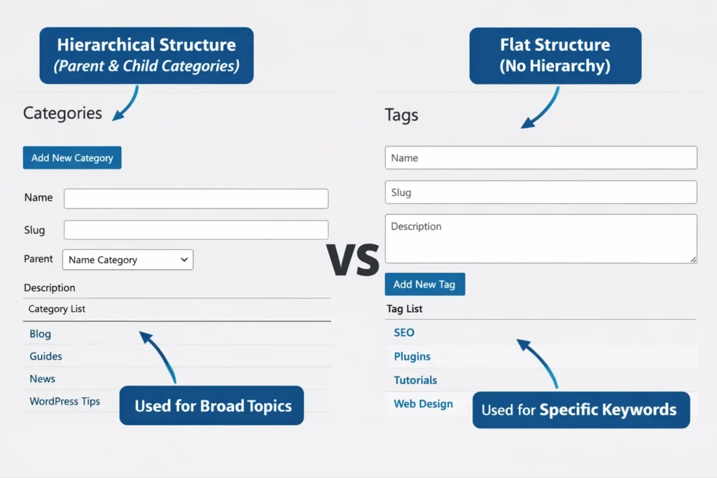 WordPress admin showing Categories and Tags sections
