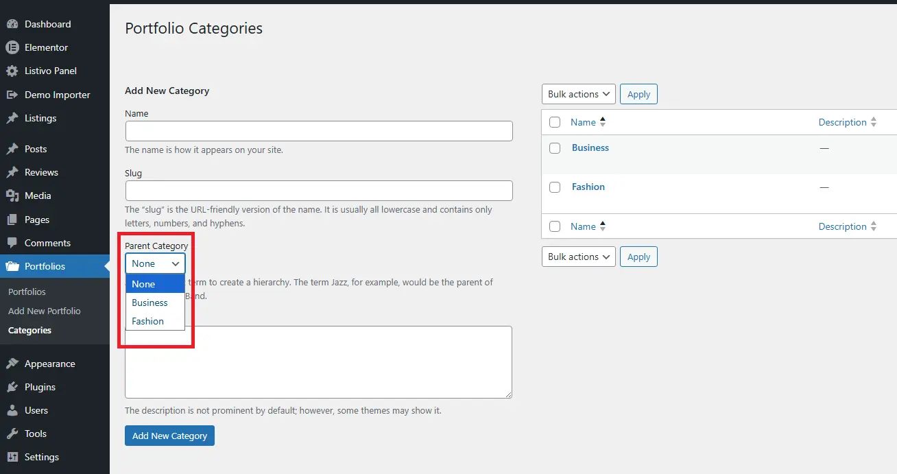 Selecting a parent to make child category
