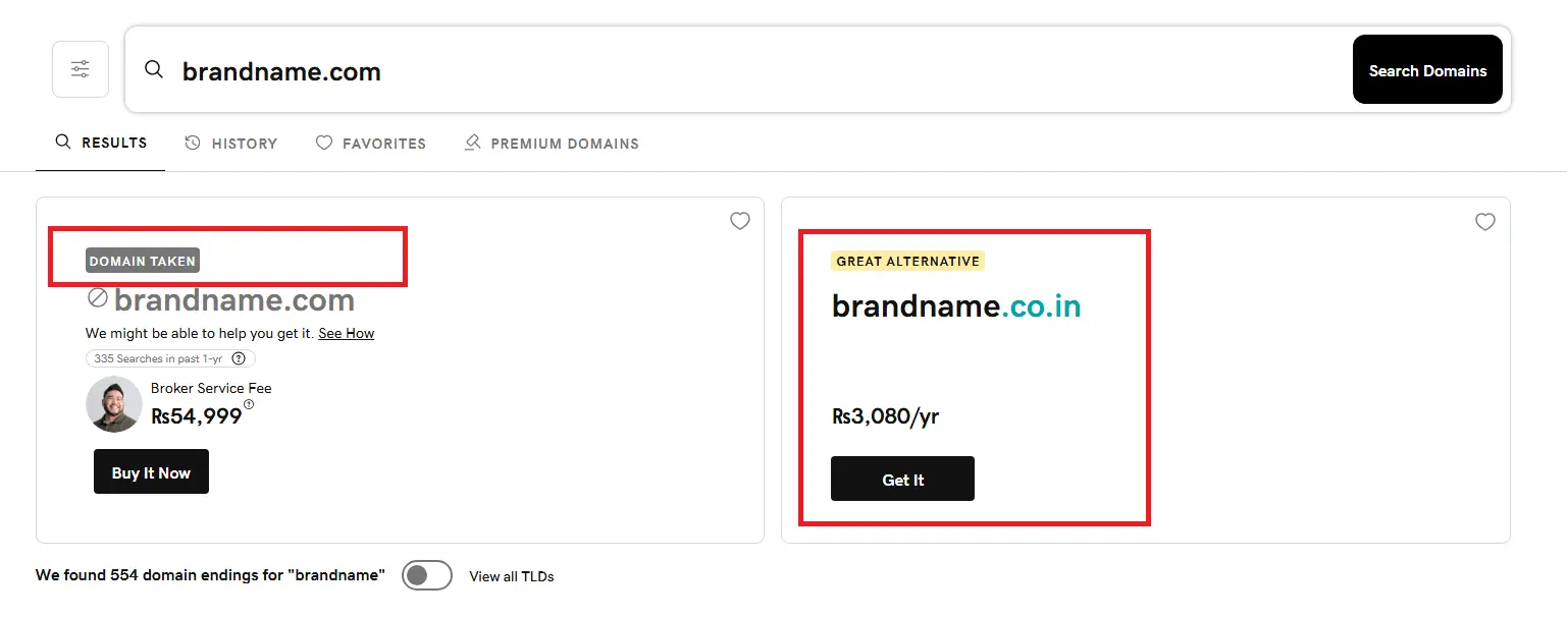 Domain search showing taken .com but available alternatives