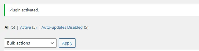 WordPress admin showing activation success notice