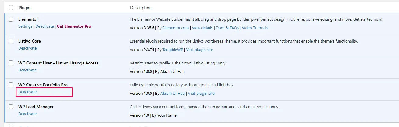 WordPress plugins screen showing activation/deactivation links