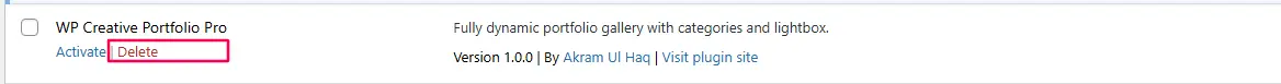 WordPress plugins screen showing Delete link