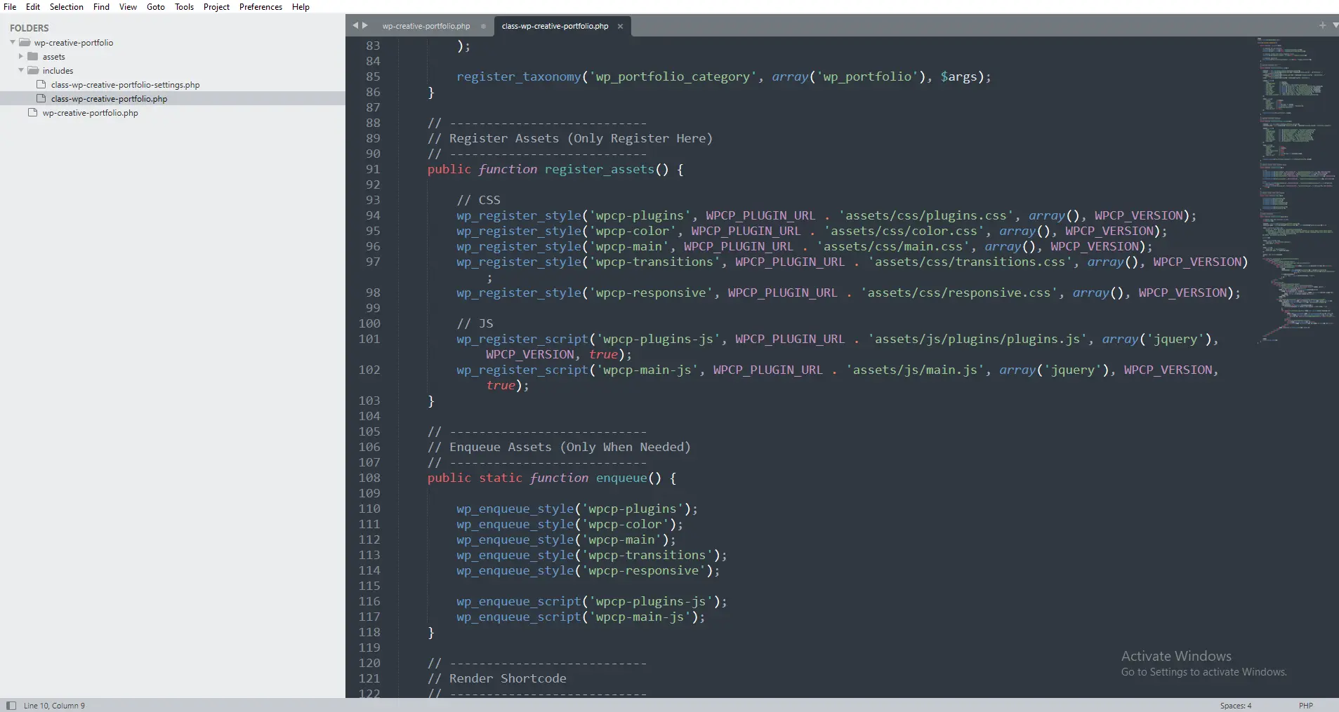 Code editor showing the complete register_assets method