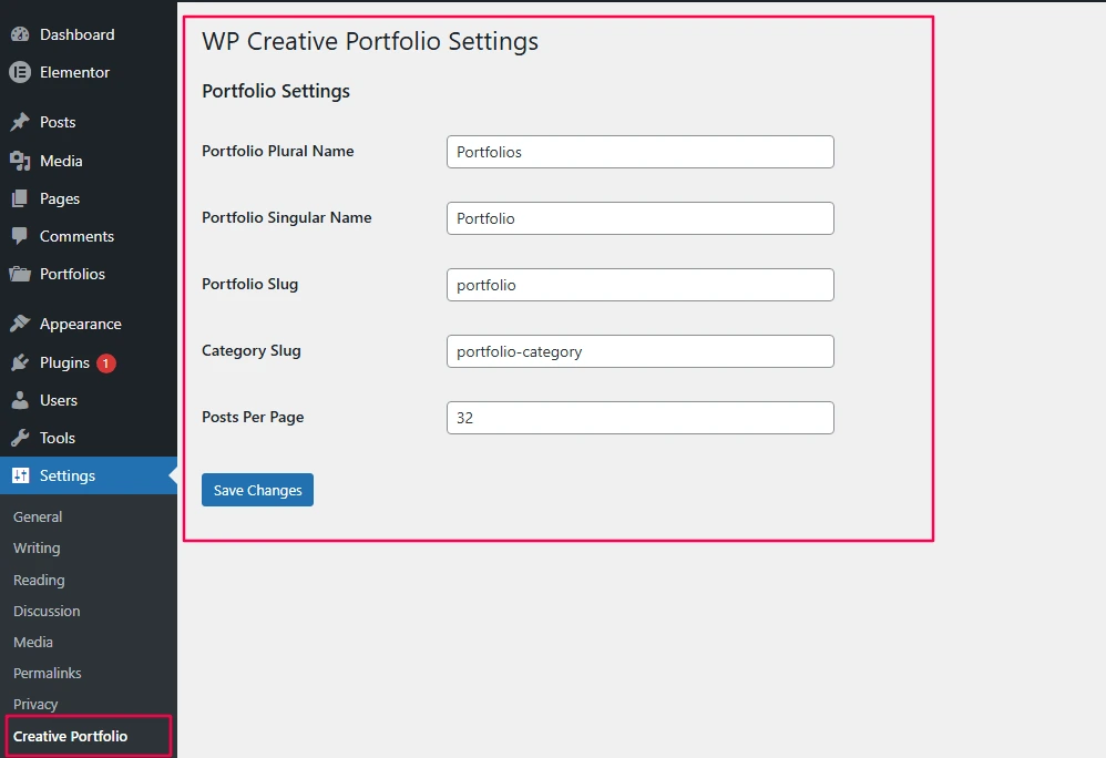 Complete settings page showing all fields