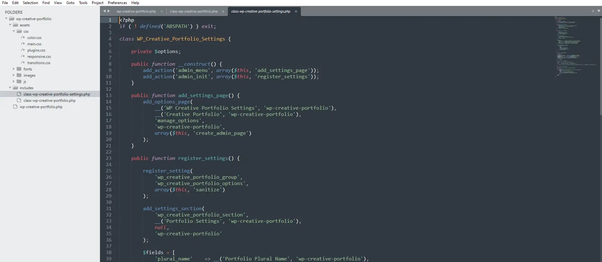 Sublime text Code showing the complete settings class