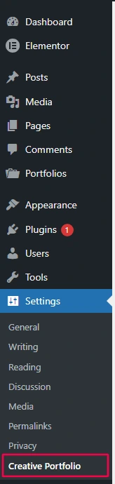 Settings menu highlighting Creative Portfolio