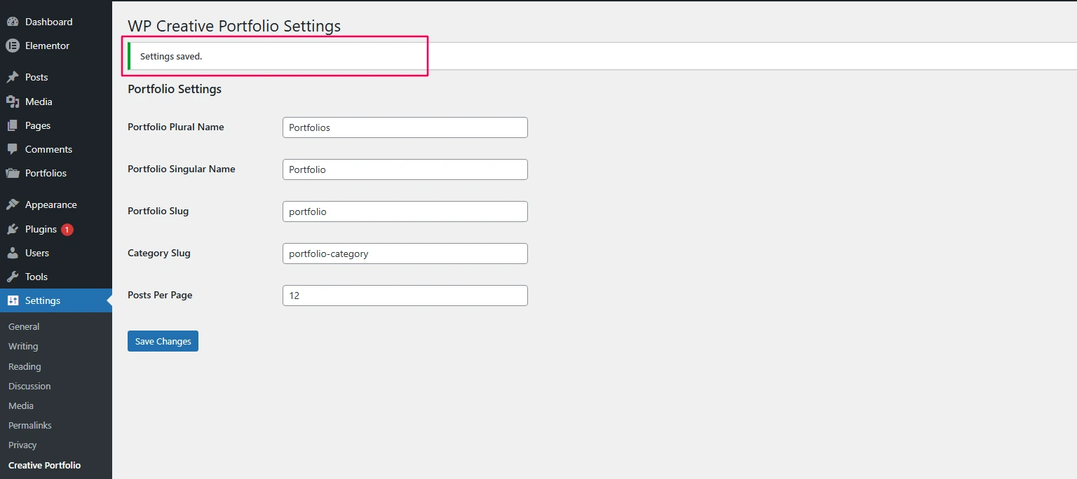 Settings page showing success message