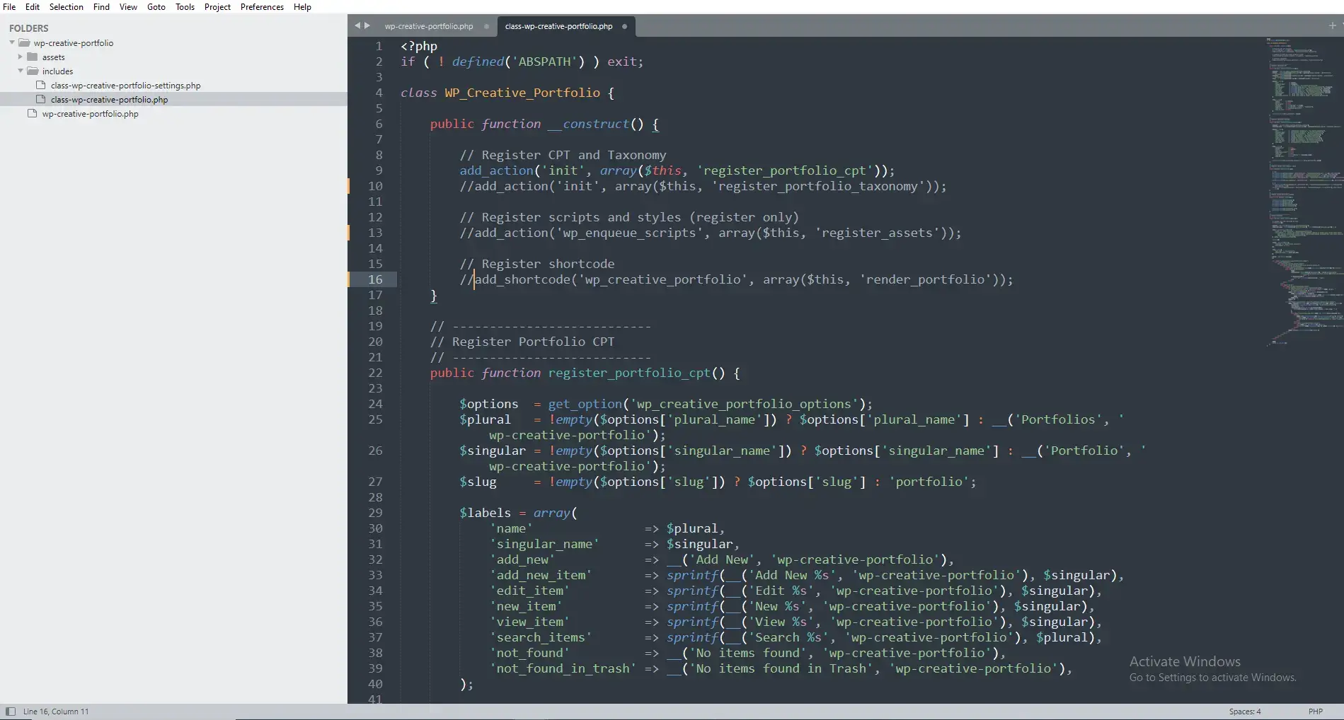 Your portfolio class file with all the register_post_type parameters