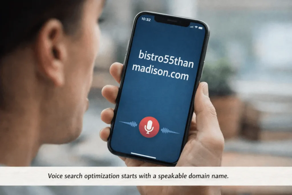 Person speaking domain name into phone for voice search