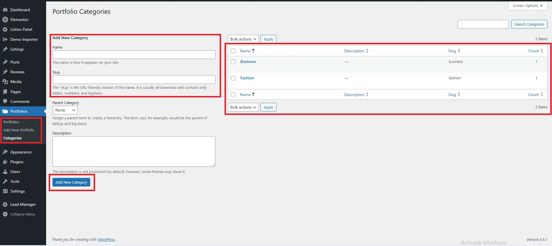 Your finished Portfolio Categories taxonomy in action